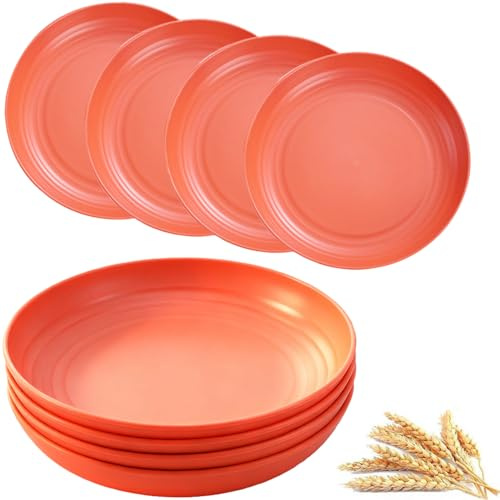 MaoMaoCha Plastic Plates Reusable Set of 4, 20 cm Unbreakable Dinner Plates, Lightweight Camping Plate for Picnic, Salad, Pasta, Party, Home, Office, Dishwasher & Microwave Safe (Orange)