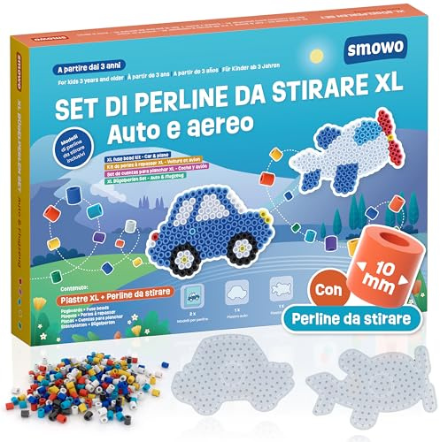 Smowo® 10mm Bügelperlen Set mit Auto und Flugzeug Steckplatten – Kreativset mit 2 Platten, Perlen und Vorlagen - Große Maxi Stiftplatten für Kinder ab 3 Jahren