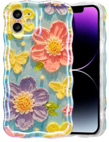 EYZUTAK Case for iPhone 11, Colorful Retro Oil Painting Flower Laser Glossy Pattern Cute Curly Wave Edge Exquisite Phone Cover Stylish Durable TPU Protective Case for Women - Butterfly Flower