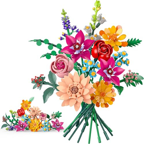 MONOFUN Kit de Construction Bouquet de 13 Fleurs Artificielles, 887 Pcs avec Flowers Roses pour Décoration Maison, Cadeau Fête des Mères, Saint-Valentin et Anniversaires Enfants 6+/Adultes