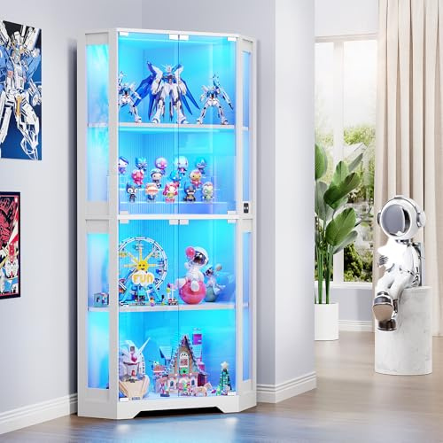 BROTTAR Corner Display Cabinet with Glass Doors for Collectibles,65,White | 4 Tier Glass Display Cabinet with 3 Color LED Lights & Rebounder Door,Display Case with Human Body Sensor for Trophies
