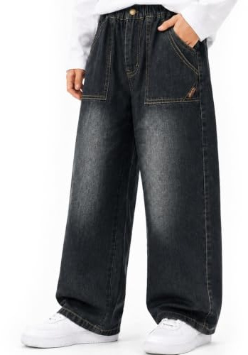 Tokeya Jeans Baggy Ragazzo Bambino Pantaloni Denim Elastico Vita 7-15 Anni | Loose Fit, Gamba Dritta, Lunghi, Ragazzi Casual Jeans con Tasche, Moda Streetwear Vintage Denim Pants, Primavera e Autunno
