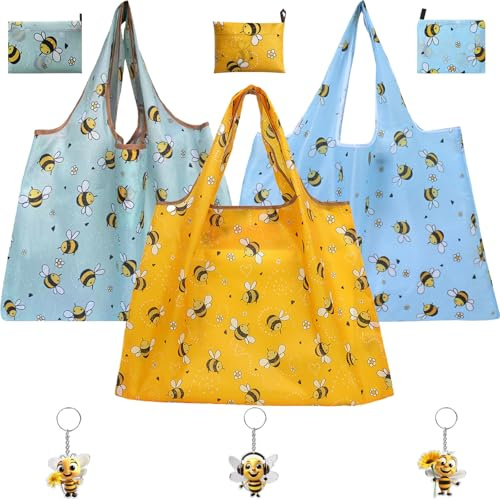 JYJLLM 3x Faltbare Einkaufstasche 46x66cm mit Bienen Motiv & 3 Schlüsselanhänger, Oxford Stoff Tragetasche für Einkauf Aufbewahrung