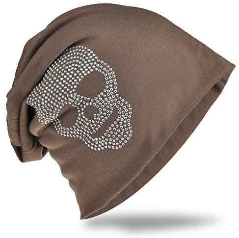 Miobo Slouch Beanie Mütze, Long, Totenkopf Motiv, Herren Damen,StrassTK-Graubraun