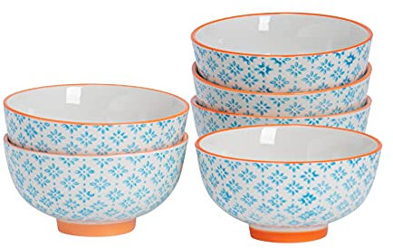 Nicola Spring Patterned Rice Bowls - Blue - 11.5cm - Pack of 6 - Porcelain Flower Print Design Noodle Serving Snack Bowls for Snacks, Pasta, Noodles, Fruit, Cereal, Salads