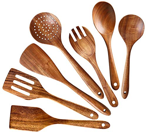 7 Pcs Wooden Spoon for Cooking Non Toxic Kitchen Utensil Set Wooden Spatula | Acacia Wood Cooking Spoons Slotted Turner Spatula Set Bamboo Cooking Utensil Salad Server Slotted Spoon Kitchen Accessories