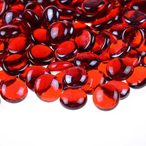 KINGOU Flat Glass Gems/Marbles/Stones/Beads for Vase Filler, Table Scatter, Games - 1 Lbs (17-19mm, Approx. 3/4)-Red