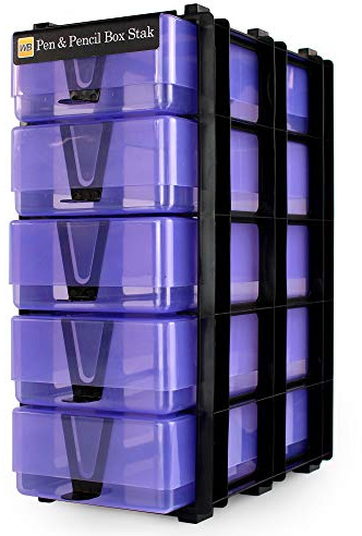 WestonBoxes Pen and Pencil Storage Unit, 5 Boxes, 7 Colours Available | 5 Pen & Pencil boxes on a black frame | Pairs with A5 Stak to fill one Kallax cube with 10 boxes | Made in Britain