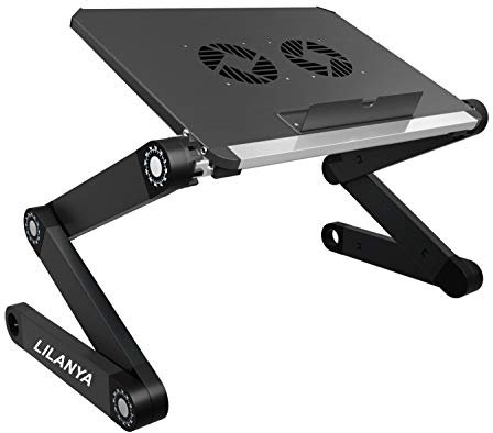 LILANYA Soporte ergonómico de escritorio para laptop, portátil, ajustable, soporte elevador de escritorio, Ultrabook, MacBook para cama, sofá con ventiladores USB para trabajar desde casa o viajes