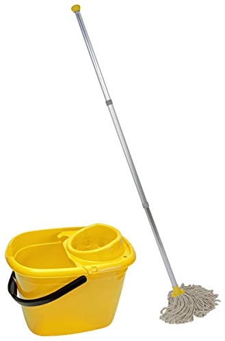 Abbey Professional Mop and Bucket Set Heavy Duty with Wringer and Two Traditional Cotton Mop Heads for Cleaning Floors – Strong Aluminum Mop Handles –Mop Bucket Capacity 12L with Pouring Lip (Yellow)