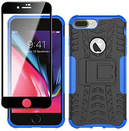 Yiakeng Coque pour iphone 8 Plus, Coque iphone 7 Plus et Verre Trempé D'écran Protecteur, Silicone Antichoc Full Protection avec béquille pour Apple iphone 7/8 Plus (Bleu)