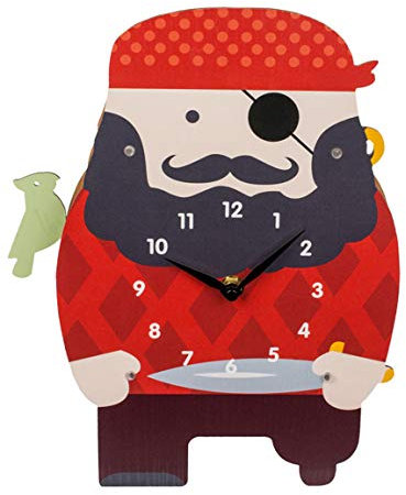 Bada Bing Wanduhr Für Kinder Pirat Beweglicher Vogel Auf Schulter 3D Optik Ca. 29 x 21,5 cm Aus Holz Kinderzimmerwanduhr Pendel Geschenk 87