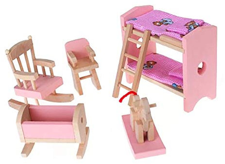 Miniatur Holzmöbel Set Puppenhaus Möbelzubehör, Holzpuppenmöbel einschließlich Etagenbettstuhl Wiege Kind Kinder Geschenk Puppenhaus Mini Möbel Spielzeug