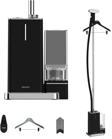 STEAMONE - Steamer Defroisseur Vapeur vertical 2000W 45g/min - Fer Vertical Autonomie 80min (1,2L) - Cable 2m - Élimine 99,99% d'Impuretés - Prêt en 45s - Intuitif, Compact, Performant - EUES200B