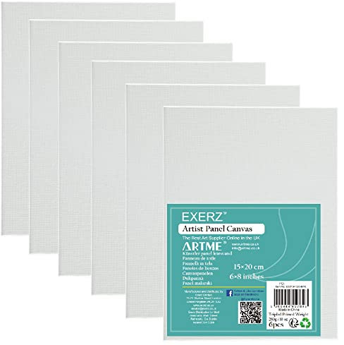 Exerz 15x20cm Panneaux de Toile 6 pièces- 3mm/ Cartons entoilés/Toile à Peindre/ 280GSM/ 100% Coton/Blanche/Triple apprêt/sans Acide/Grain Moyen/Peinture à Huile/Gouache/Acrylique