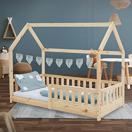 ML-Design Kinderbett 80x160 cm mit Rausfallschutz, Dach und Lattenrost, Natur, Massivholz Kinder Bett, Hausbett für Mädchen/Jungen, Bettenhaus aus massivem Kiefernholz, Bodenbett Jugendbett Kinderhaus