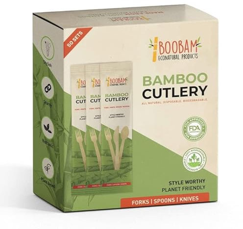 Boobam Econatural Products Bambus-Utensilien – natürliches Einweg-Holzbesteck für Party, Essen, Camping, Picknick, Hochzeit, kompostierbares Besteck, einzeln verpackte Löffel, Gabeln, Messer – 50 Sets