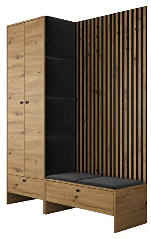 Mirjan24 Garderoben-Set Melire III, Kleiderschrank Schuhschrank Lamellen Paneel mit Kleiderhaken Gepolstertes Paneel/Wandpaneel Kleiderstange Wandgarderobe Flurgarderobe (Eiche Artisan, Manila 18)
