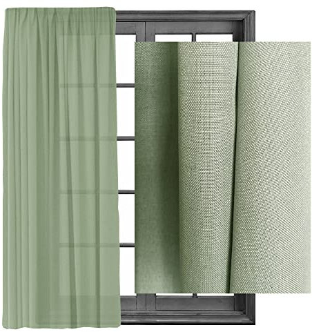 Cleanlevel EST 2016 2X Gardinen Vorhänge Kräuselband Gardine Vorhang - Leinenlook Blickdicht Schal Dekoschal 140x245cm halbtransparent Leinen Optik Universalband (2, Hellgrün)