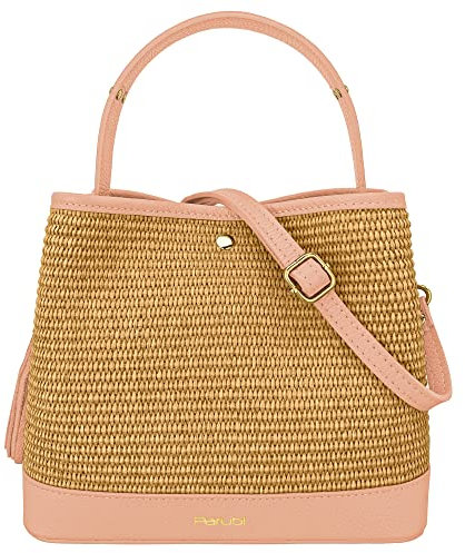 Parubi, Borsa Secchiello Donna a Mano con Tracolla, In Vera Pelle e Rafia Naturale, Made in Italy, Modello Elide, Borsa Media Piccola Per Donna Ragazza Elegante, Rosa Cipria