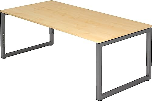 bümö höhenverstellbarer Schreibtisch R-Serie 200x100 cm in Ahorn, Gestell in Graphit - großer PC Tisch für's Büro manuell höhenverstellbar, Computertisch verstellbar