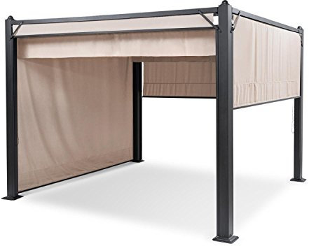 blumfeldt Pantheon Cortina Tonnelle Jardin Aluminium 3x3 m, 4 Panneaux Latéraux Enroulables, Tonnelle Pliante, Barnum Pliant, Poteaux d'angle 10x10cm, Toile Revêtement Hydrofuge, Pergola Beige/Gris