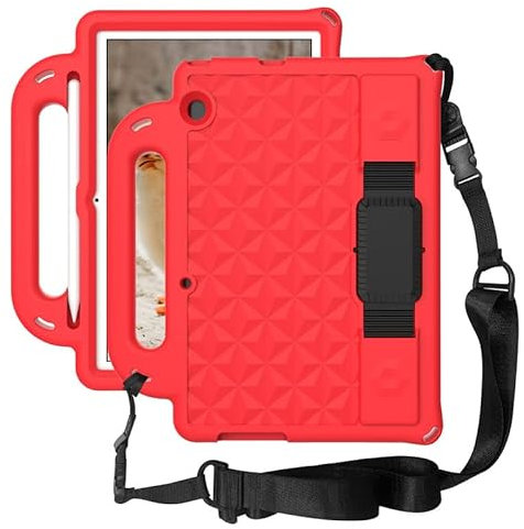 Custodia per bambini per Huawei MediaPad T3 10 9.6 pollici, EVA schiuma diamante modello, mano stand spalla, leggero antiurto custodia protettiva Tablet case, rosso