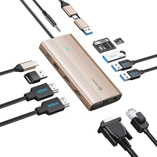 PHIXERO Displaylink Dock 12 in 1 USB C Docking Station Triple Monitor für Mac M1/M2, mit 2 HDMI & 1 VGA, 3 USB 3.0 & 1 USB 2.0, 15W Aufladung, SD/TF Kartenleser, Ethernet, Audio