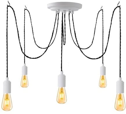 JIAHUA 5Lights White Industrial Pendant Light Fitting,Multiple Spider Ceiling Pendant Lamp Chandelier with Adjustable 3M Twisted Braided Cable E27 Lamp Holder