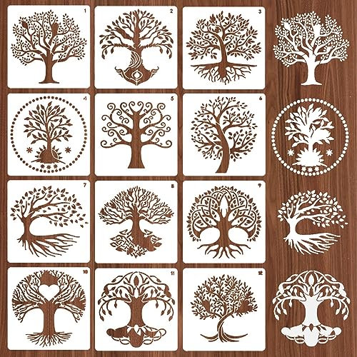 12 stencil a forma di albero per dipingere su legno, riutilizzabili, con albero della vita, per artigianato, disegno, stencil per tela, carta da parati, mobili, fai da te, album di ritagli,