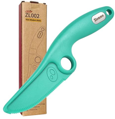 ZLemma Couteau de Cuisine pour Enfants avec Anneau Éducatif, Bord dentelé unique, sûr mais tranchant pour une coupe sûre(Bleu Menthe)