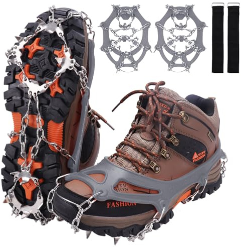 WIN.MAX Steigeisen Grödel Eisspikes, Schuhkrallen mit19 Edelstahl Zähne Spikes Schuhkrallen Grödeln Eisspikes für Klettern Bergsteigen Trekking High Altitude Winter Outdoor (Grau, XL)