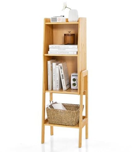 KOMFOTTEU Libreria Scaffale con Piedini in Feltro, Mobile Scaffale Moderno in Bambù Naturale con Ripiano e 2 Scomparti Aperti, Libreria Verticale per Camera da Letto, Soggiorno, 37 x 26,5 x 113 cm