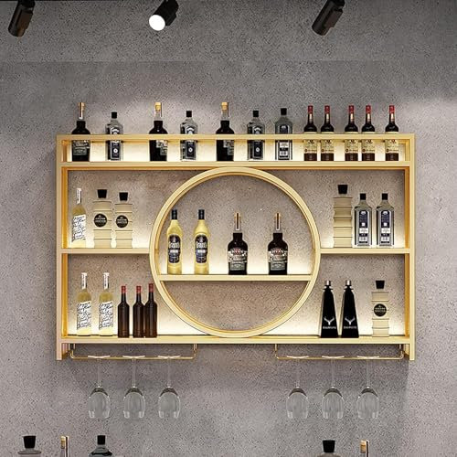 Porte-Bouteilles Muraux Industriels Avec Porte-Verre, Casier À Vin En Fer Avec Support Pour Verre À Vin,Étagères Polyvalentes En Métal,Étagère Murale En Verre,Po(Size:100x15x80cm/39x6x31in,Color:or)