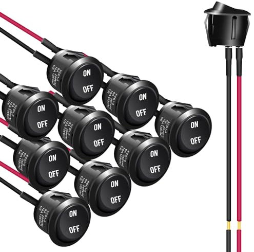 APIELE 10 Stücke Kippschalter,2 Position EIN-Aus mit SPST 2 Pins Wippschalter,AC 6A/250V 10A/125V 12VDC Taste Rocker Kippschalter Für Häuser, Industrie,DIY KCD1-5-101 Runde Schalter(mit Draht)
