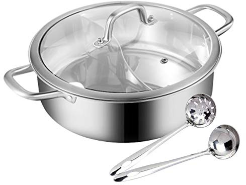 Begoniape Hot Pot Shabu Casserole 32 cm à double fond avec couvercle de séparation en acier inoxydable 304 pour dîners de famille, réunions d'entreprise, pique-nique de camping, HG-HSYXF-4955