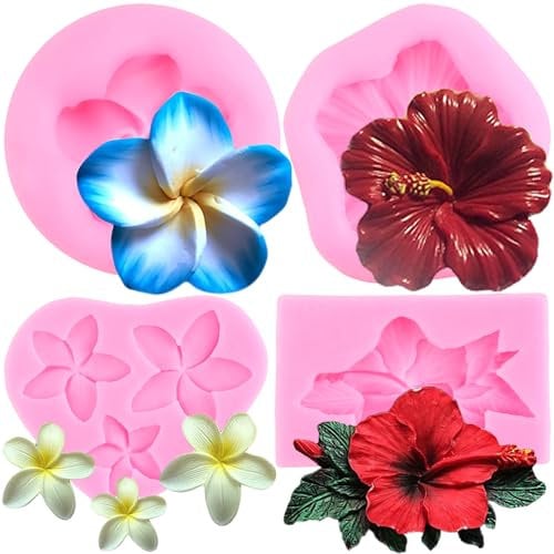 RFGHAC Lot de 4 moules en silicone en forme de fleur d'hibiscus pour décoration de gâteaux, cupcakes, chocolat, bonbons, pâte à sucre