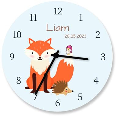 Kinder Wanduhr Fuchs mit Namen Geburtsdatum Kinderuhr Tiere Jungen Mädchen Uhr lautloses Uhrwerk
