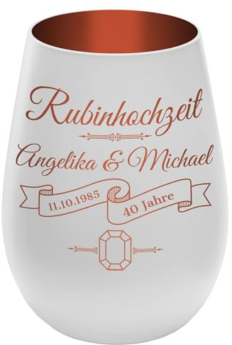 Windlicht mit Gravur ''40 Jahre Rubinhochzeit'' - Weiß/Kupfer - Glas Teelichthalter personalisierbar mit Wunschtext - Geschenk zu Hochzeit Jahrestag Jubiläum
