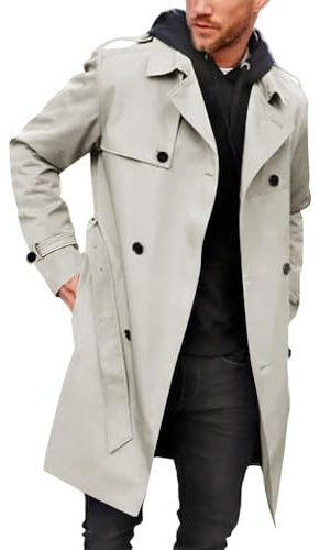 Runcati Men's Coat Double Breasted Trench Coat Long Lapel Business Jacket with Belt Grey XXL