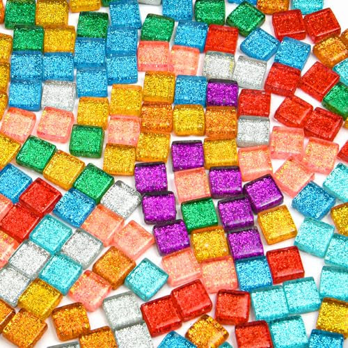 AUAUY 270g Carreaux de Mosaïque en Verre Colorés, Carreaux de Mosaïque Carrés en Cristal, Kit de Pierres de Mosaïque, Mosaique Loisir Creatif, Pièces en Verre à Paillettes Multicolores en Boîte