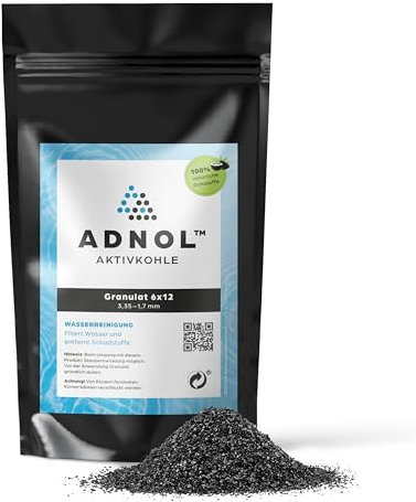 ADNOL® Aktivkohle Granulat 1 Liter aus Kokosnussschalen für Wasserfilter für Aquarium und Teich, Mesh 6x12, Körnung 3,35-1,7mm, Energieklasse A, als Carbon Filter verwendbar