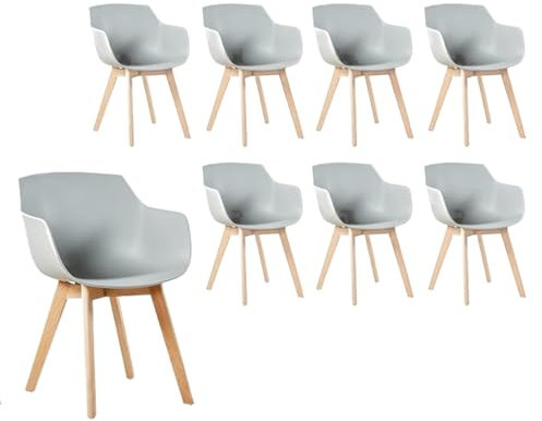 H.J WeDoo 8er Set Nordische Sessel, SGS-geprüft Esszimmerstühle mit Armlehne und Buchenholzbeinen Geeignet für Büro/Lounge/Küche/Balkon/Garten (Grau)