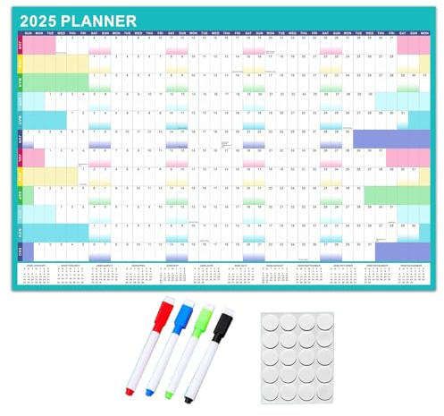 Wandkalender 2025, Jahresplaner, Wandplaner mit löschbarem Marker und Klebeaufklebern, 90 x 60 cm, Home-Organizer, Planer