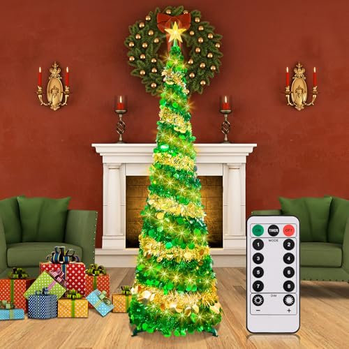 6FT LED Collapsible Christmas Tree with 100 pcs Warm White Lights, Pop Up Sequin Christmas Tree with Timer&8 Lighting Modes, Slim Pencil Tinsel Lighted Christmas Tree for Home Decor-GreenGold