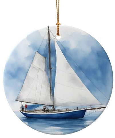 Keramik-Anhänger mit blauem Segelboot, rund, Weihnachtsschmuck, Andenken, Souvenir, Geschenke