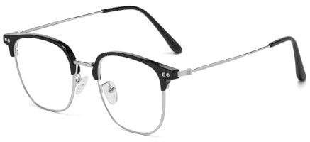 LJCZKA Blaulichtfilter Brille Halb-Randlos Metallrahmen Computerbrille für Herren Damen Quadratische Gaming TV Computerbrille Klare Linse UV 400 Schutz Augenbelastung Reduzieren (Schwarz Silber)