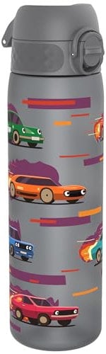 Ion8 Botella Agua, 500ml, a Prueba de Fugas, Fácil de Abrir, Cerradura Segura, Apta para Lavavajillas, Sin BPA, Asa de Transporte, Fácil de Limpiar, Neutro en Carbono, Diseño Coches Deportivos