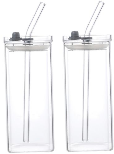 Jeorywoet 2PCS Glass Cups with Lids and Straws, 400ml Square Drinking Glasses, Temperature Resistant Portable Drinking Cup, Square Drinking Glasses
