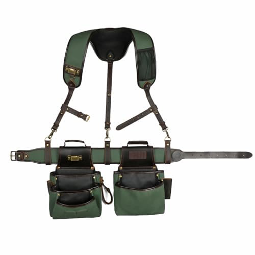TOURBON Canvas and Leather Carpenters Tool Belt with Suspenders Multi Pockets Electrician Construction Builders Bag